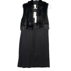 Chicos NWT Long Line Black Sweater Vest Fur Trim ($129) Size 0 Winter Glam Cozy
